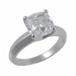 A diamond single stone ring, the cushion shaped modified brilliant cut diamond weighing 3.01