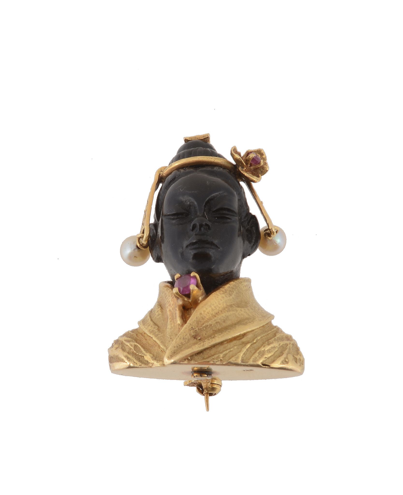 A blackamoor bust brooch, the carved black stone head with a cultured pearl and pink stone accented