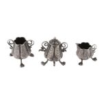 A Dutch silver miniature three piece tea or coffee service, the urn with two pseudo marks and 1814-
