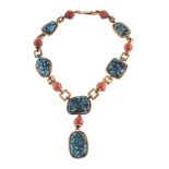 A coral and turquoise necklace by Trio, the necklace composed of polished pierced square links