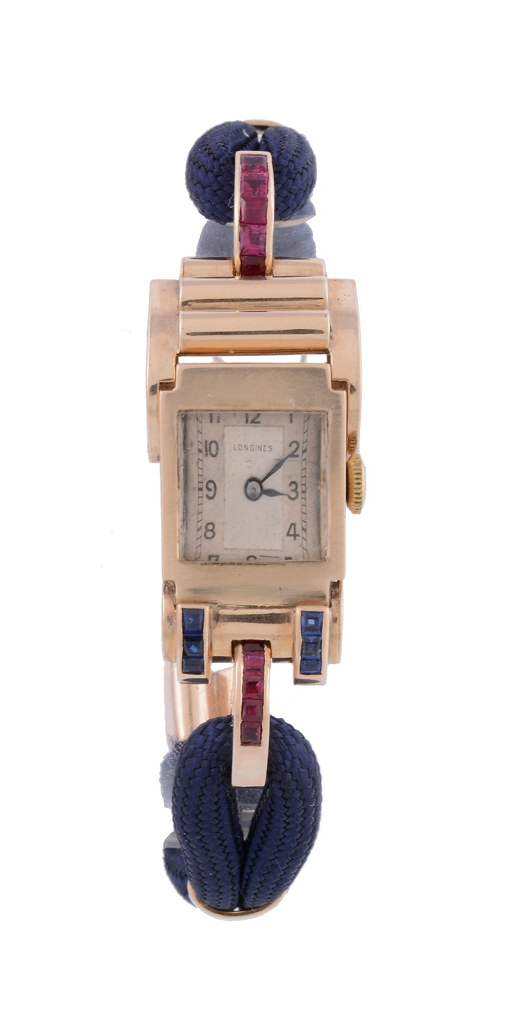 A lady's Retro sapphire and ruby wristwatch,   1940s, tonneau shaped manual wind movement, no. - Image 2 of 2