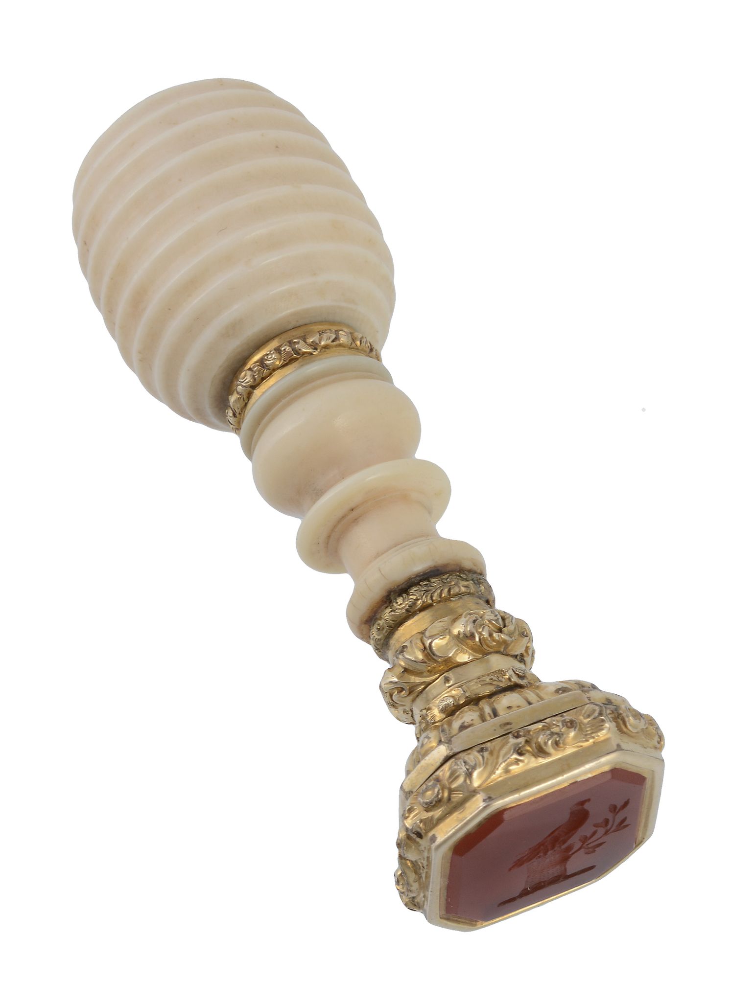 A gold mounted ivory desk seal, unmarked, mid 19th century, the horizontally ribbed turned ivory - Image 2 of 3