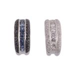 A pair of diamond and sapphire ear hoops, the first hoop set with a central row of brilliant cut