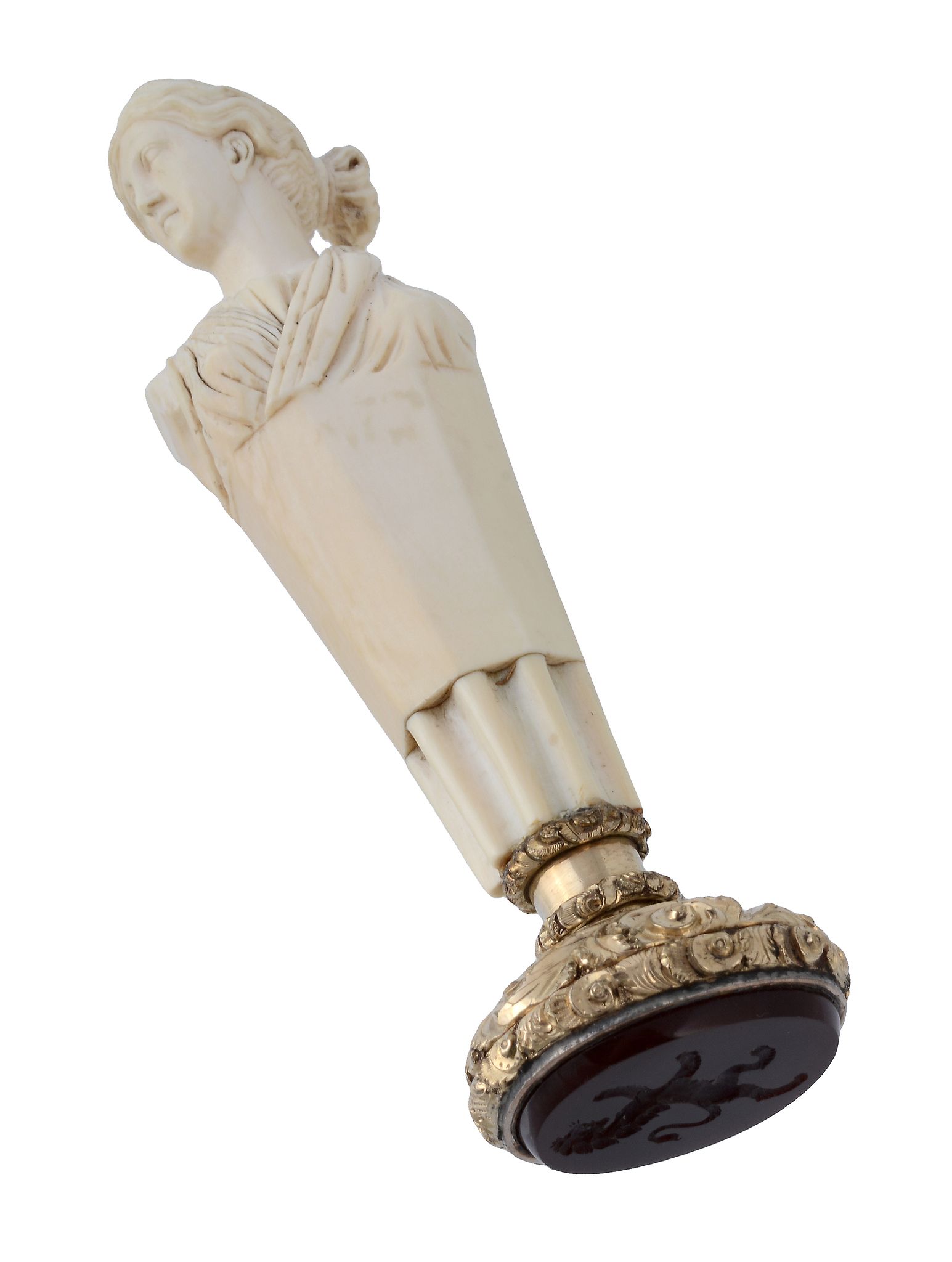 An English composite ivory desk seal, unmarked, 1830s and later, the ivory handle carved as the - Image 2 of 3