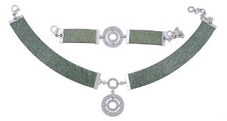 A shagreen and diamond collar by Bulgari, the central circular shaped pendant set with brilliant