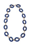 A lapis lazuli necklace , the woven small lapis bead links with circular link connectors, 47cm long