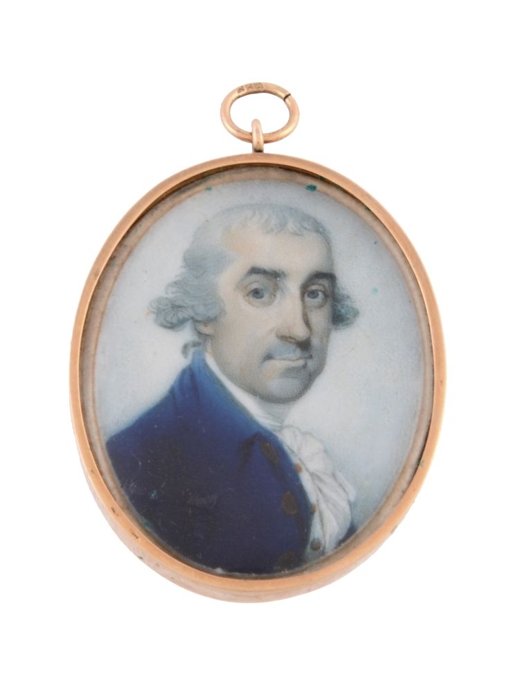 Richard Crosse (1742-1810) Portrait of a middle aged gentleman, in a blue coat 3.2cm x 2.4cm, oval