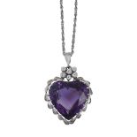 An amethyst and diamond heart pendant, the heart shaped amethyst claw set within a textured
