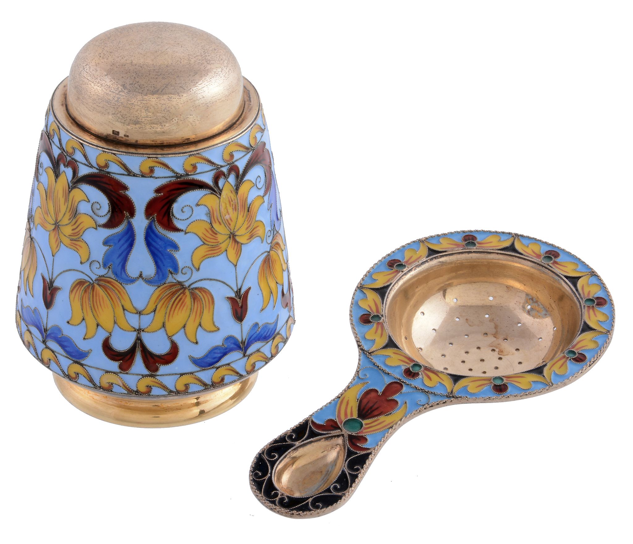 A Soviet Russian silver coloured gilt and cloisonne enamel tea caddy and strainer, 1927-58 .916 St