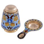 A Soviet Russian silver coloured gilt and cloisonne enamel tea caddy and strainer, 1927-58 .916 St