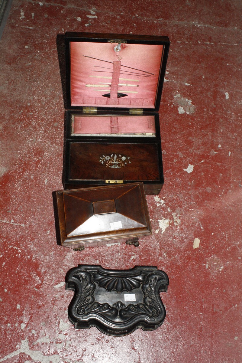 A Regency mahogany tea caddy, a George IV writing slope, an oak box, and another box. £80-120