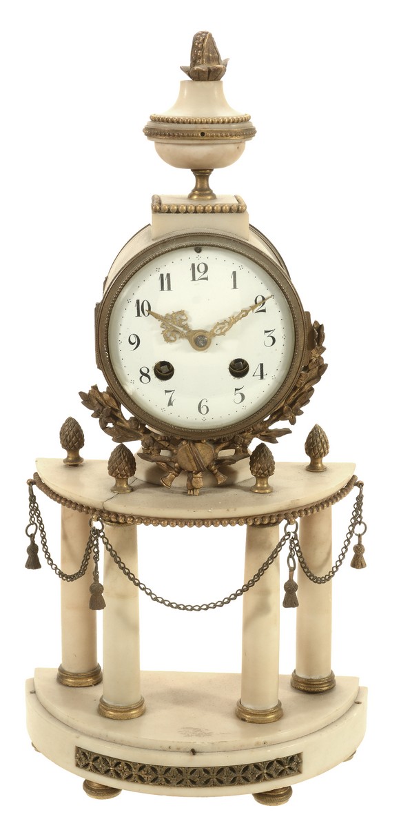 A French gilt brass mounted white marble mantel clock, bearing a signature for F. Berthoud, Paris,