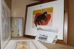 Assorted pictures to include a pencil sketch 'Back Street, Aberystwyth', a study of a cat, a beach