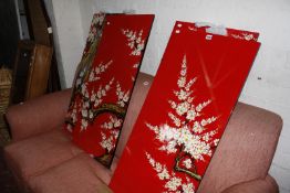 Four Japanese red lacquered panels with cherry blossom decoration each 100cm high, 49cm wide £200-