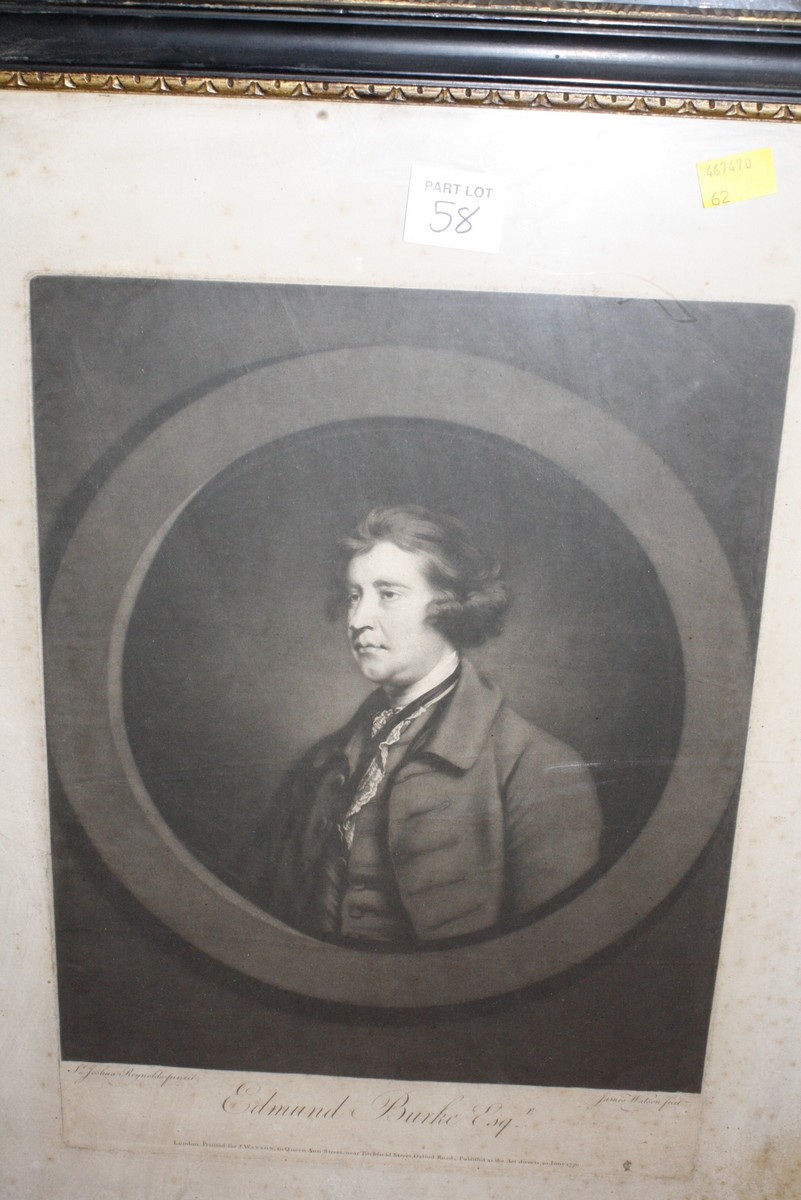 After Joshua Reynolds 'Edmund Burke Esq', engraving and three other engravings one of Elizabeth I (