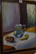 Janet Hygen (20th Century) A still life of a jug, banana and two apples Oil on canvas Signed lower
