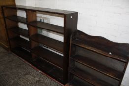 A stained pine open bookcase, adapted and another smaller in stained oak £100-150
