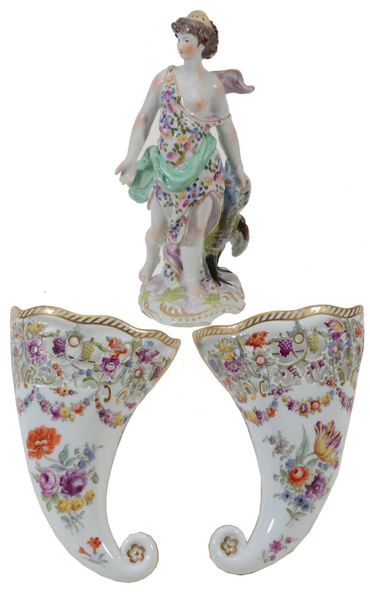 A pair of Dresden porcelain pierced wall pockets, circa 1900, 19.5cm high, 18th century style marks;