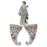 A pair of Dresden porcelain pierced wall pockets, circa 1900, 19.5cm high, 18th century style marks;