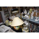 A mixed group of modern table lamps to include, two desk lamps, a pair of crackled glass lamps, a