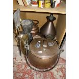 Metalware to include an 18th century copper tankard; a copper vessel & cover, 2 copper measures, ,