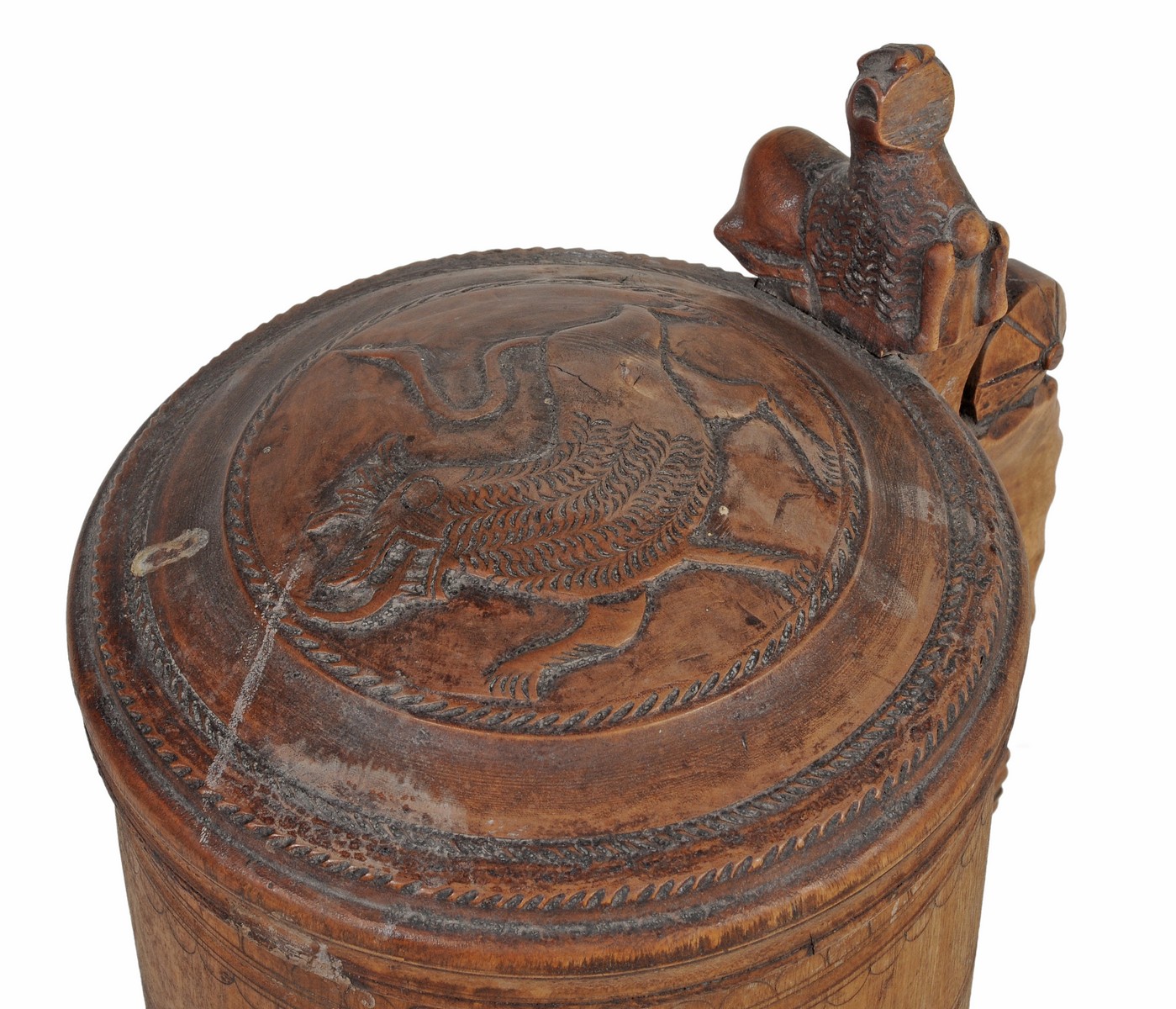 A Scandinavian carved and stained birch peg tankard, 18th century, the domed circular cover - Image 2 of 2