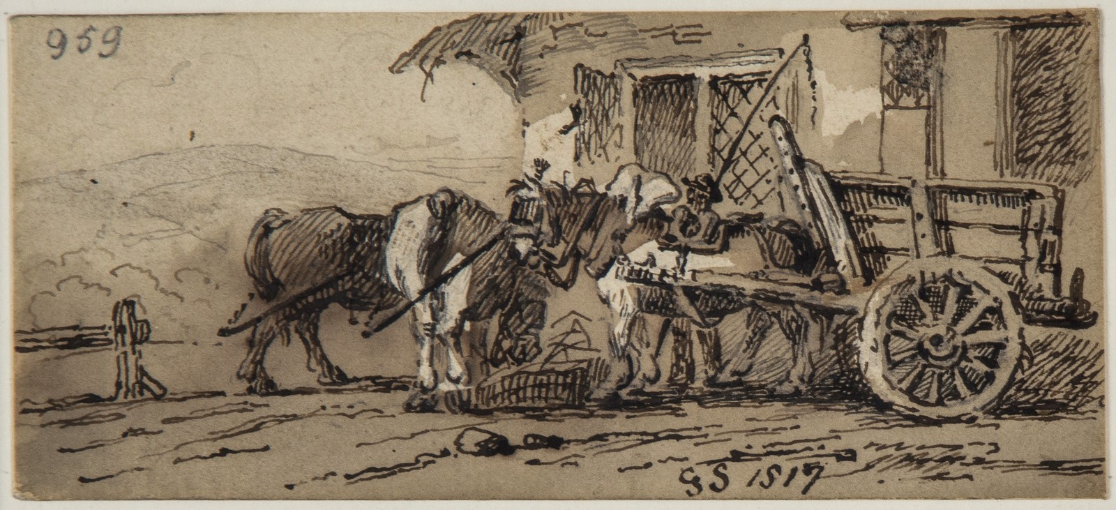 English School (19th Century) Figure with horses and cart before an inn Pen and brown ink, with