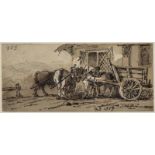 English School (19th Century) Figure with horses and cart before an inn Pen and brown ink, with