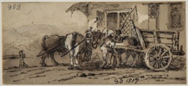 English School (19th Century) Figure with horses and cart before an inn Pen and brown ink, with