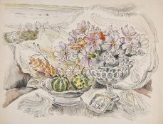 Peter Samuelson (1912-1996) Still life with a bowl of fruit, a vase of flowers, and a landscape
