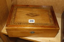 A selection of wooden items, to include an oak writing box, an inlaid games box (a/f) with a set