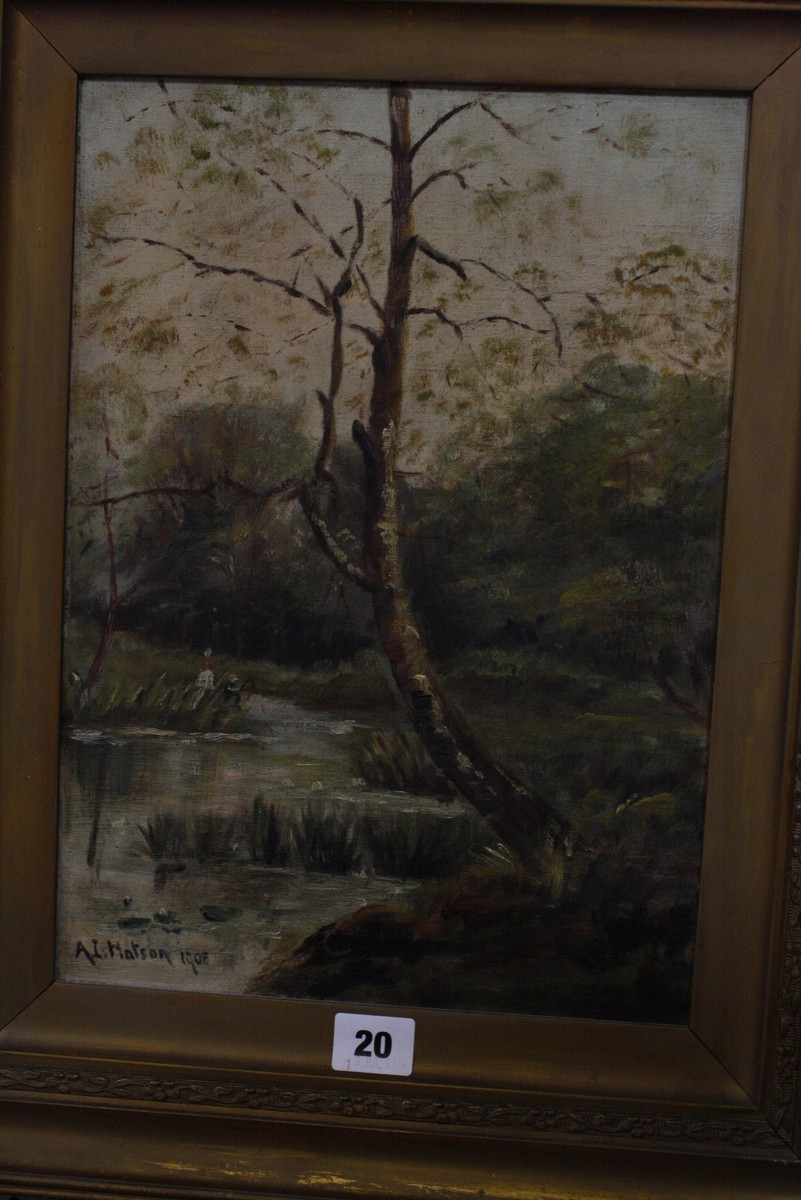 A...L. Matson River landscape with figures fishing Oil on canvas Signed and dated 1908 lower left