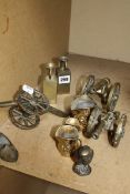 Brassware, three canons, graduated jugs, owl, show ashtray, two small vases £40-60