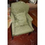 A George III armchair, mahogany frame in green damask upholstery £120-180