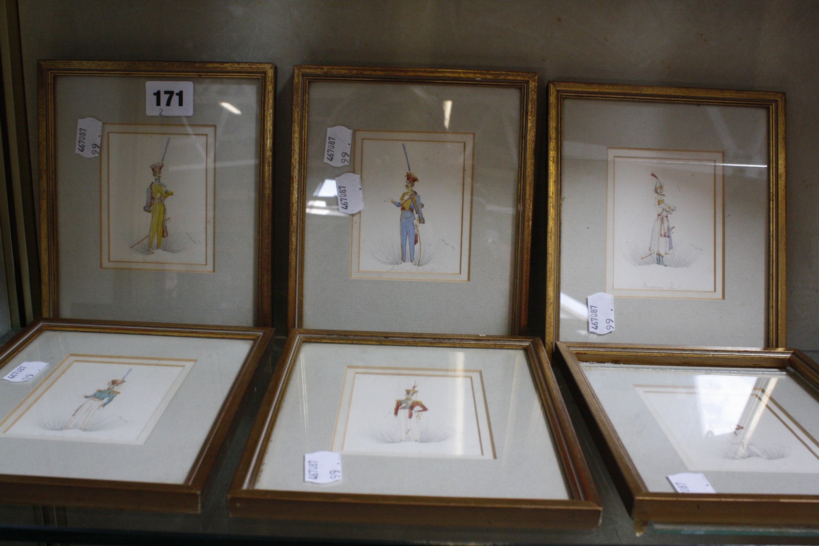 A set of six of military uniform watercolours depicting 19th Century dress, to include 'Austrian