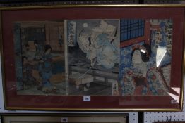 A Japanese woodblock print, three panels, of warrior and geisha, 33cm x 22cm (each panel)  Best Bid