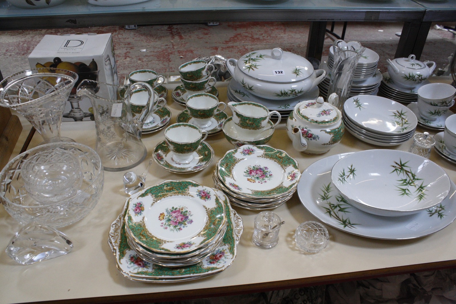 A quantity of decorative glassware, together with a china part tea service and a Marutaki part