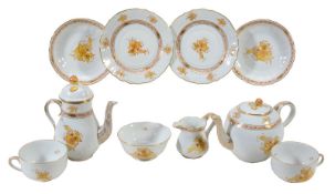 A modern Herend porcelain Chinese bouquet (yellow) pattern tete a tete part tea service, comprising;