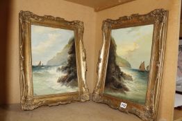 English School (Late 19th Century) Fishing boats off a rocky coast Oil on canvas, a pair Signed