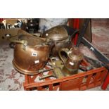 A copper kettle, a copper coal scuttle, an iron door porter and various fire irons. £60-90