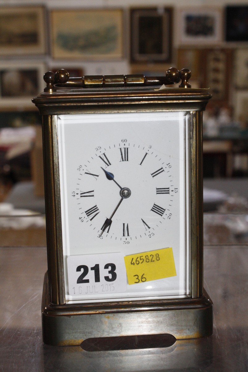A late 19th c carriage brass clock.14cm high. £40-60