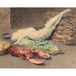 Follower of William Henry Hunt (1790-1864) Still life with rabbit, lobster and wicker basket