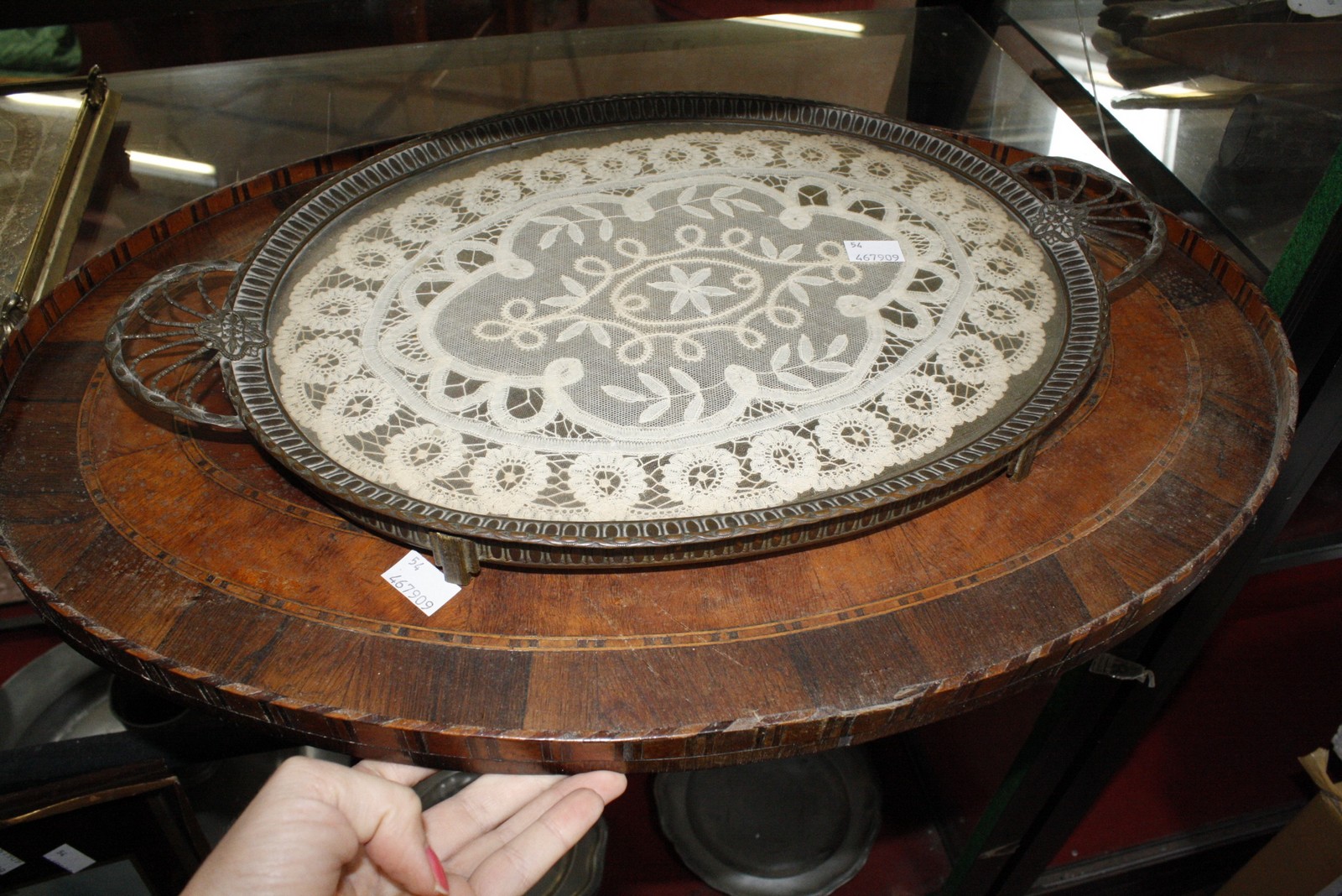 A sample wood oval tray, 4 other trays and a quill formed basket  Best Bid - Image 2 of 2