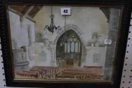 British School (20th Century) Church Interior Oil on board Signed indistinctly in pencil lower