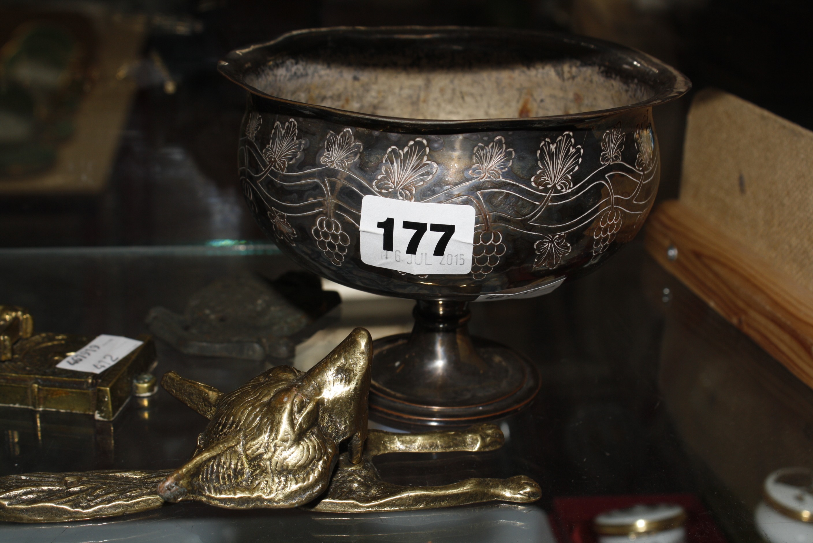 Brassware including a fox door knocker, two further examples, a verdi gris lizard etc and a