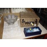 Decanter and stopper, cut glass rose bowl, wicker basket and two lace mats, a quantity of