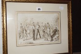 English School (late 19th Century) 'I dote on the military' Three figural scenes Pen and black ink