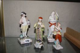 An early 19th c pearlware figure of a gardener , another of Hope and two other female figures (all