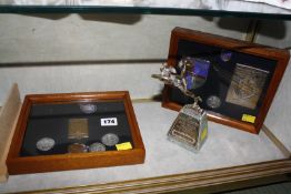 Various Motorcycling and car rally medals and badges framed and mounted and a Singer motor car