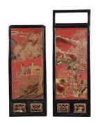 A pair of Chinese scarlet lacquered panels decorated with mythical figures amid mountainous